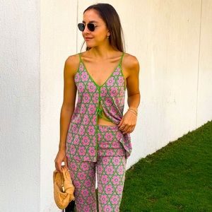 Zara Pink & Green Jacquard Top & High Waisted Pants Co Ord Set